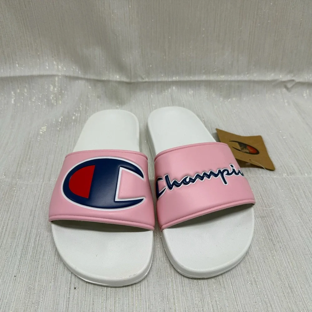 Champion IPO MM Kids Pink White Big C Script Logo Slide Sandals Size 3Y